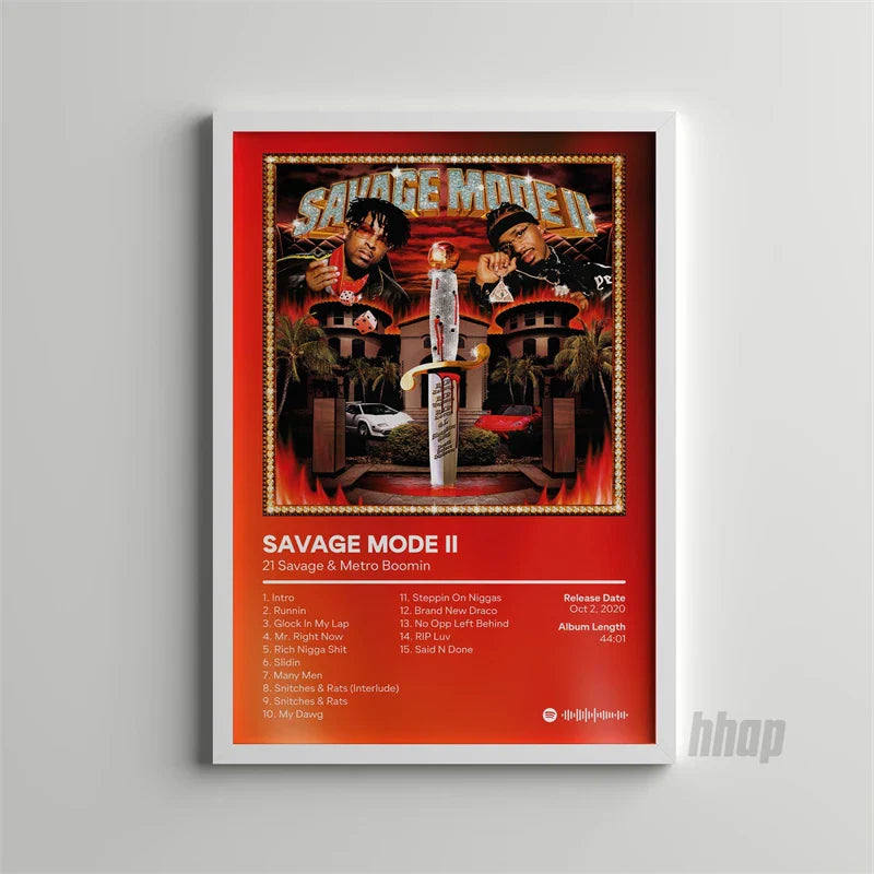 Red framed canvas print featuring savage mode ii album cover by 21 savage and metro boomin with tracklist and release details