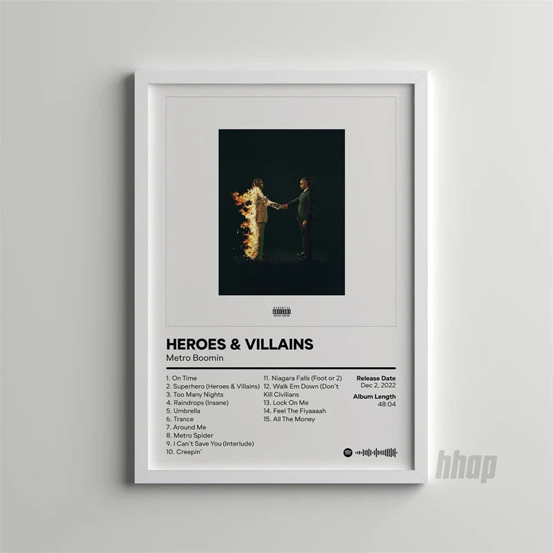 White-framed canvas print poster of metro boomins heroes and villains album cover with dark figures and tracklist text