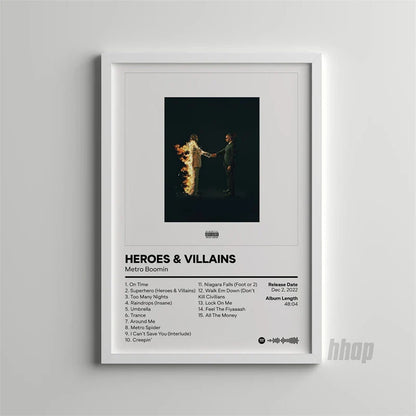 White-framed canvas print poster of metro boomins heroes and villains album cover with dark figures and tracklist text