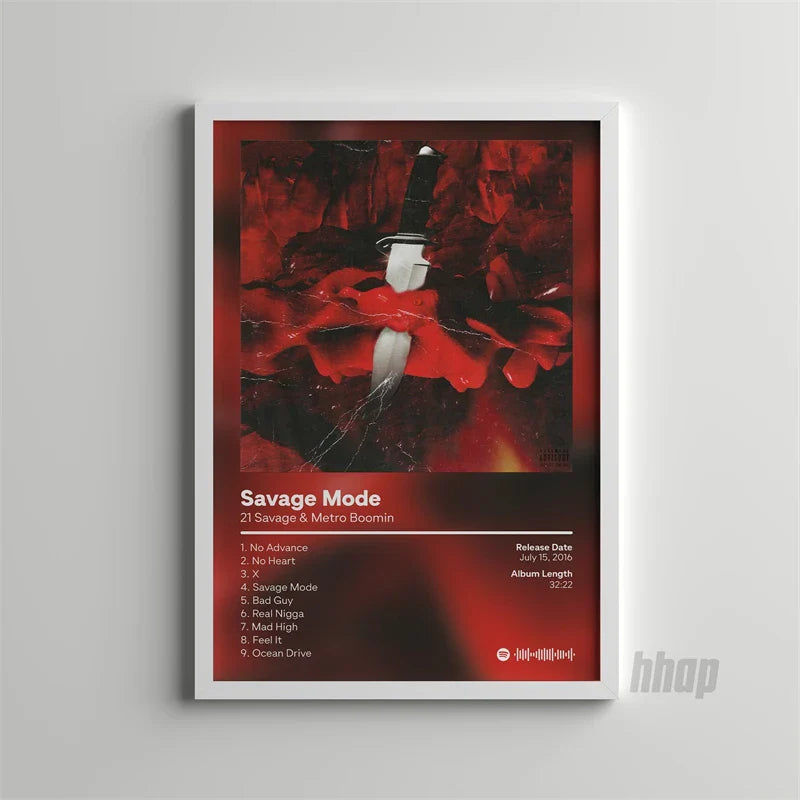 A framed canvas print featuring a knife in red roses with savage mode album title by 21 savage and metro boomin