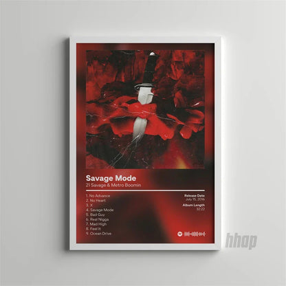 A framed canvas print featuring a knife in red roses with savage mode album title by 21 savage and metro boomin