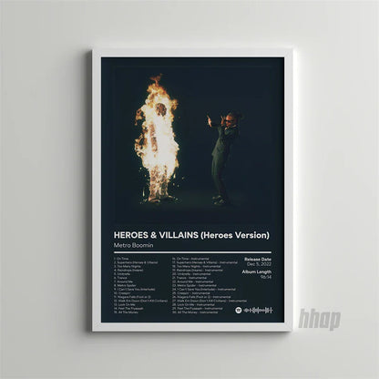 White-framed canvas print featuring dark fiery album cover of metro boomins heroes and villains heroes version for room decor