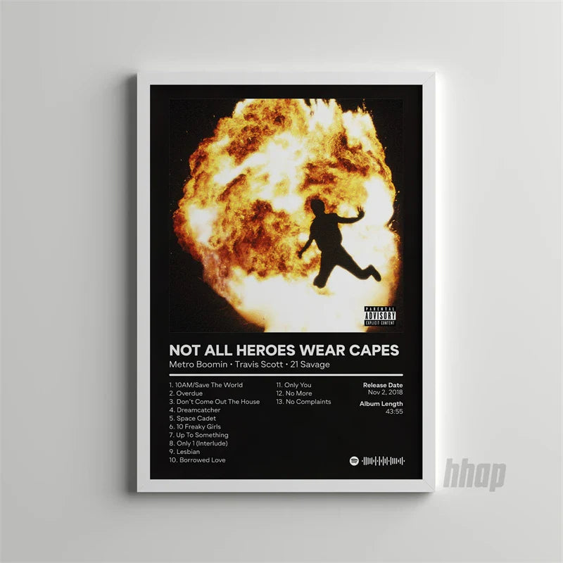 White-framed pop rap album poster with black-and-white silhouette running from explosion featuring metro boomin and 21 savage