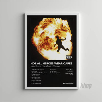 White-framed pop rap album poster with black-and-white silhouette running from explosion featuring metro boomin and 21 savage