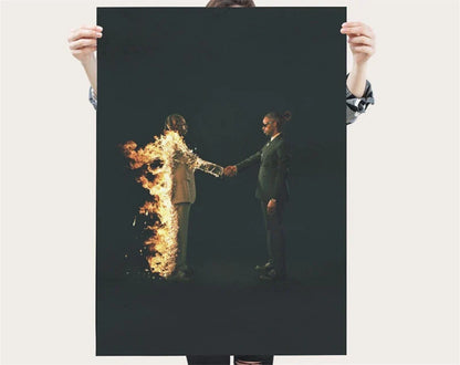 Dark poster featuring two men in suits shaking hands one engulfed in flames pop rap singer metro boomin canvas print wall art