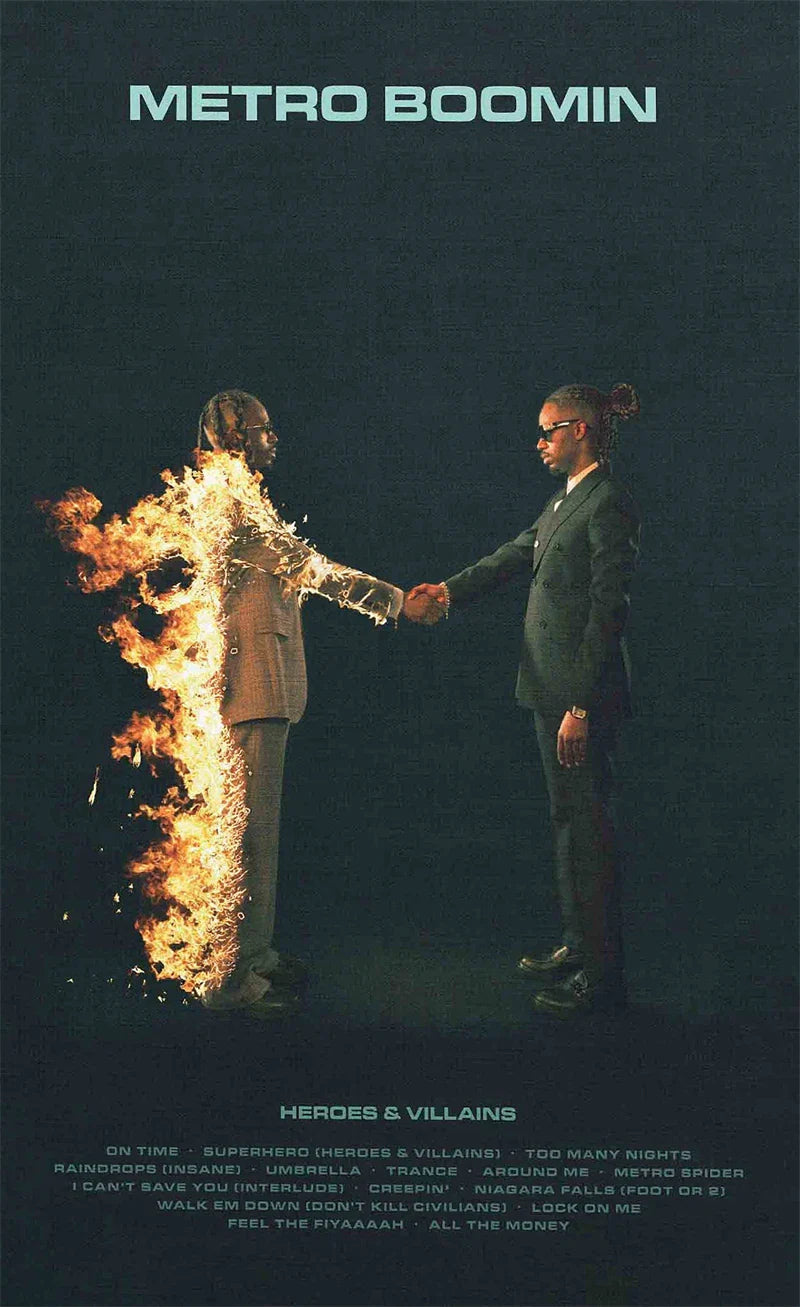 Dark blue canvas print of metro boomin heroes and villains album cover showing two men in suits shaking hands one aflame