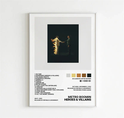 A framed black and white canvas print poster of metro boomin heroes and villains album with flames shaking hands
