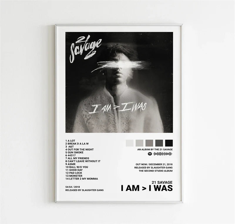 Black and white framed canvas print poster featuring 21 savage i am greater than i was album with stylized portrait