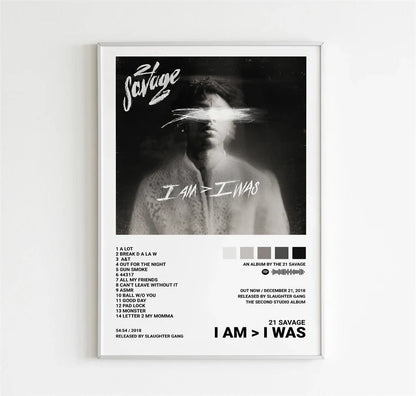 Black and white framed canvas print poster featuring 21 savage i am greater than i was album with stylized portrait