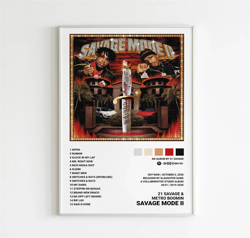 Framed savage mode ii album poster in a silver metallic frame featured as metro boomin hip hop wall art decor