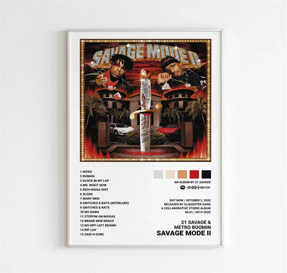 Framed savage mode ii album poster in a silver metallic frame featured as metro boomin hip hop wall art decor