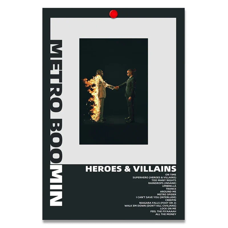 Black and white metro boomin heroes and villains canvas print featuring two figures shaking hands with flames, hip hop wall art