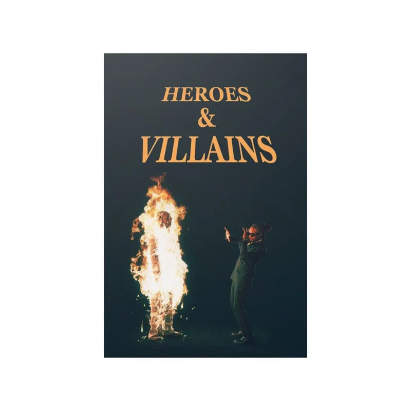 Dark poster canvas print featuring gold heroes and villains title with flames and figure for metro boomin 21 savage decor