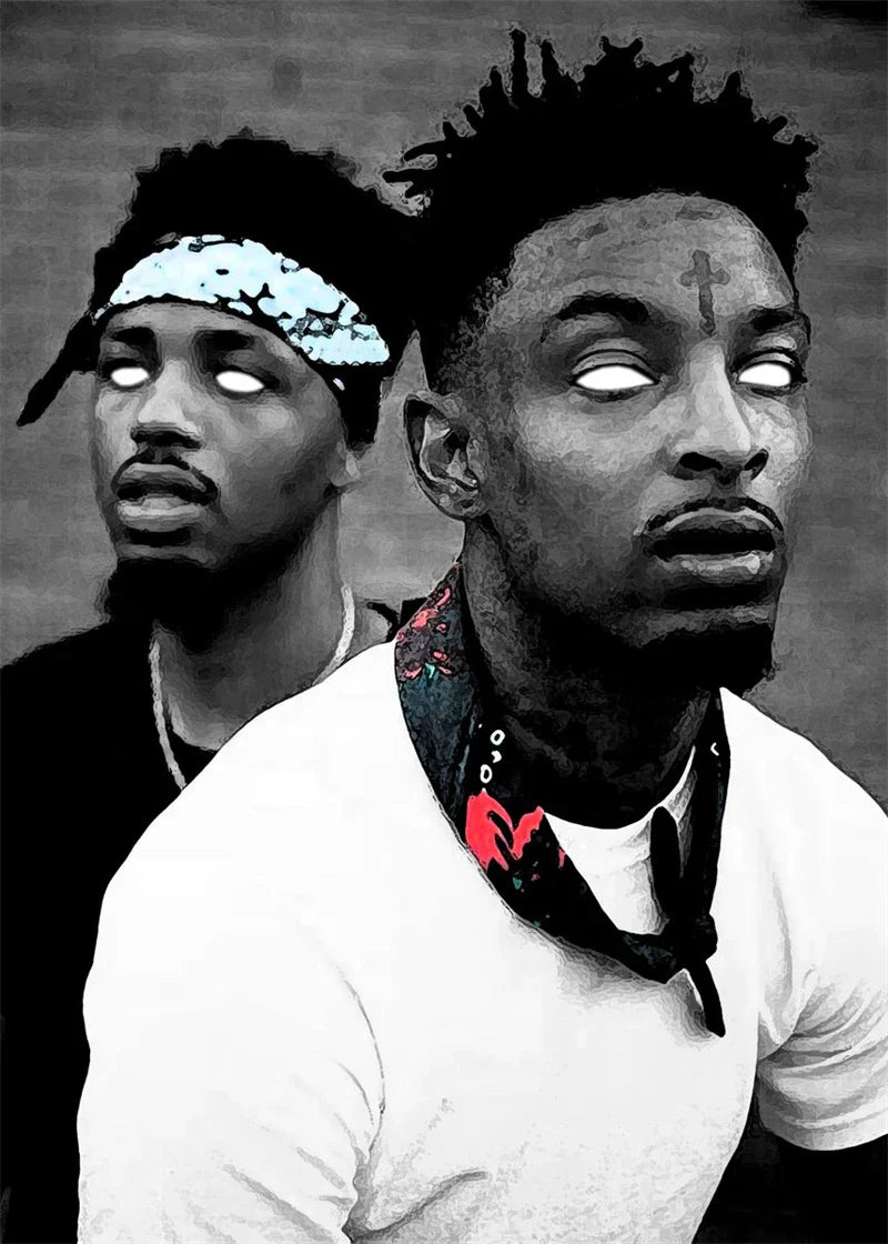 Black and white stylized portrait of two men with one wearing a light blue headband on metro boomin hip hop poster canvas print