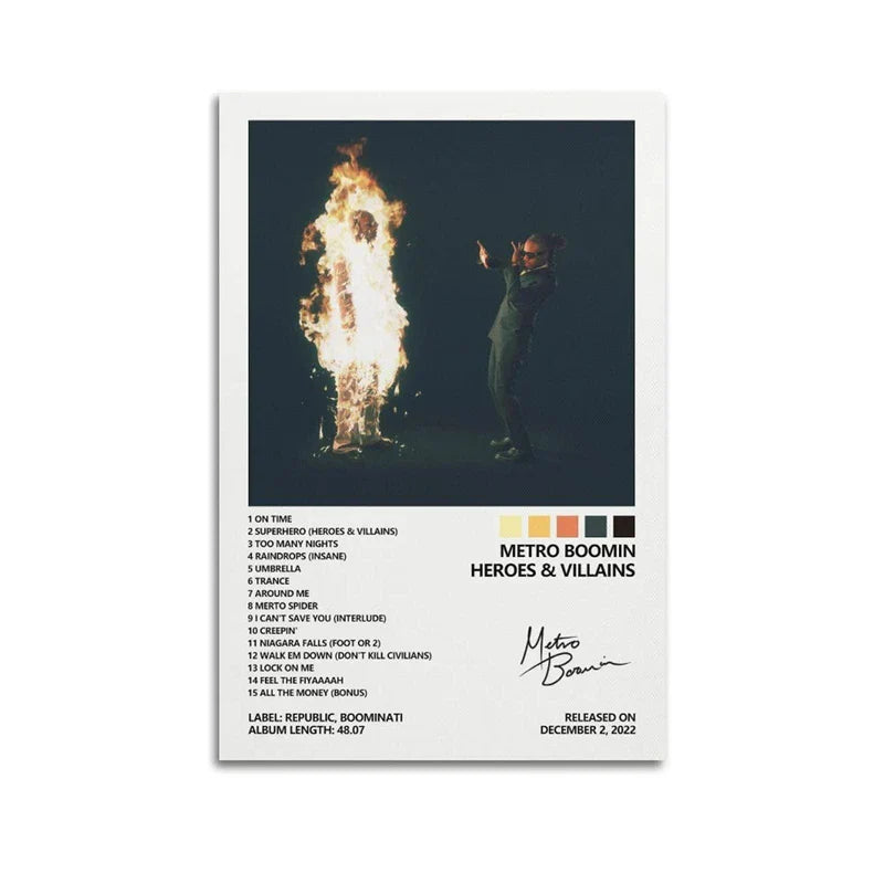 White-framed canvas print of metro boomin heroes and villains album with fiery figure and artist in suit on dark background