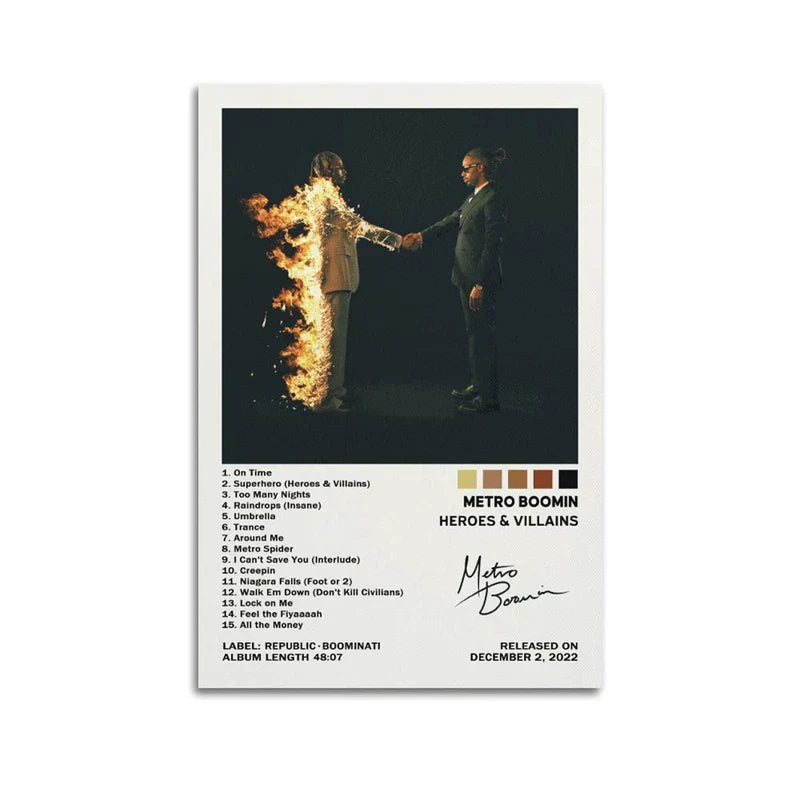 White-framed canvas print of metro boomin heroes and villains album cover with two men shaking hands one on fire