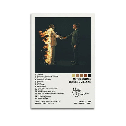 White-framed canvas print of metro boomin heroes and villains album cover with two men shaking hands one on fire