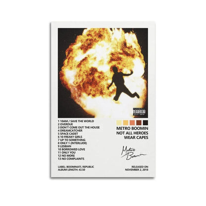 White rectangular canvas print of metro boomin music album hero and villain featuring black silhouette on fiery background