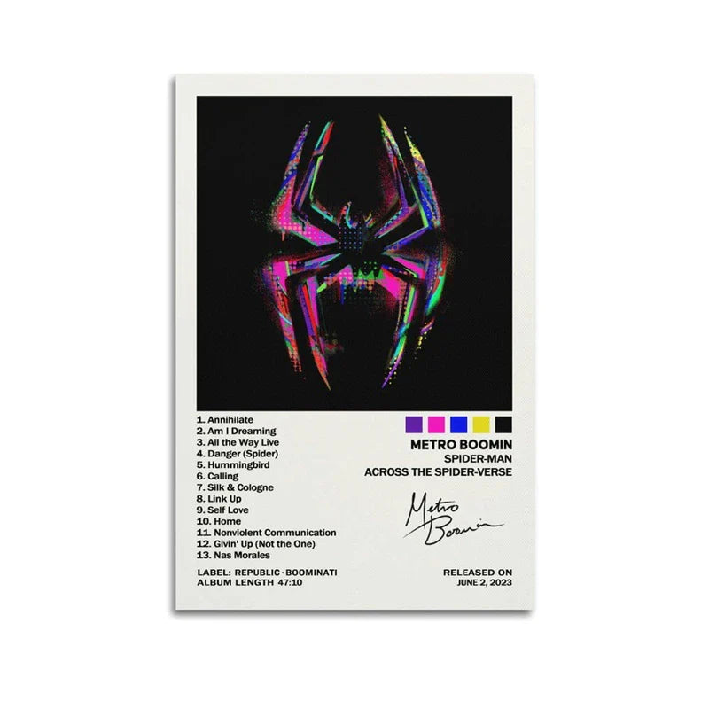 A vibrant holographic spider-man mask poster with pink and purple hues on black canvas for room decor