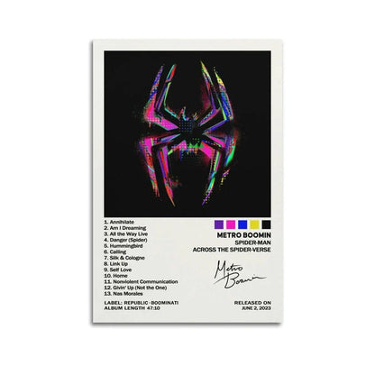 A vibrant holographic spider-man mask poster with pink and purple hues on black canvas for room decor