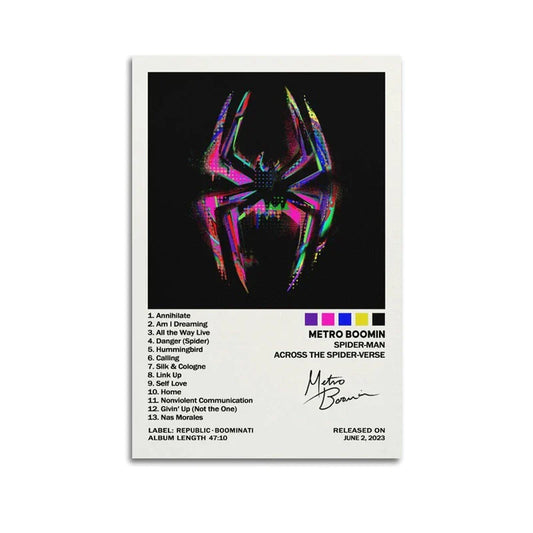 A vibrant holographic spider-man mask poster with pink and purple hues on black canvas for room decor