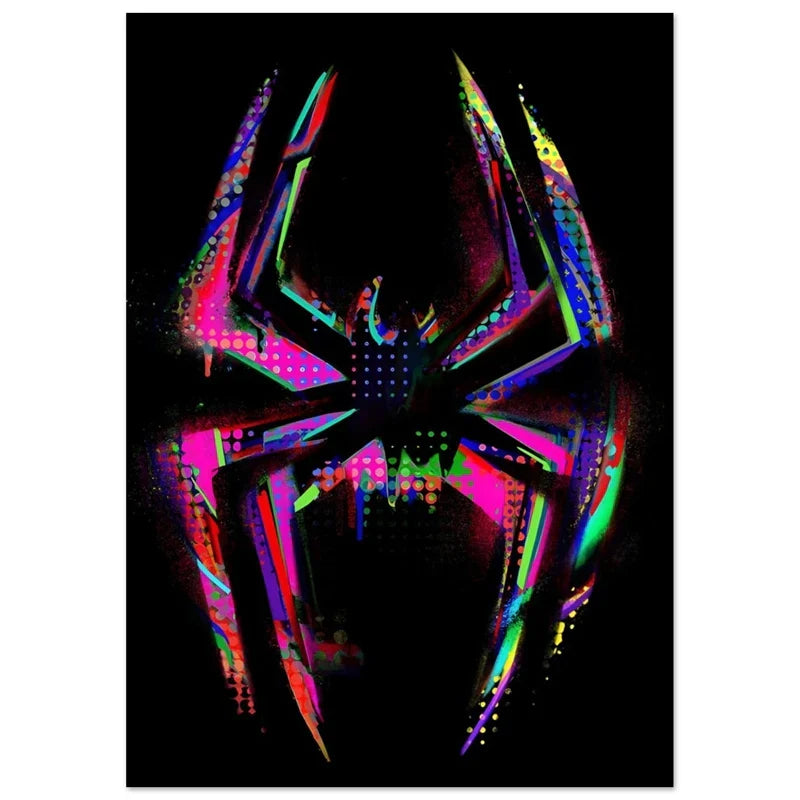 Vibrant neon spider-man logo poster with glowing pink green and purple hues on black pop rap singer metro boomin canvas print