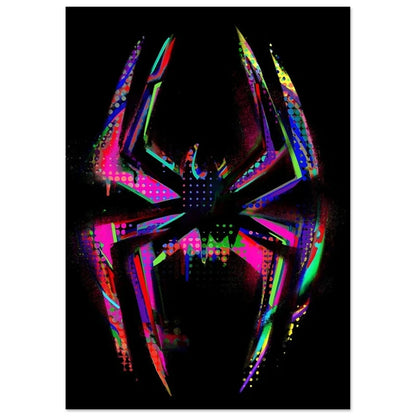 Vibrant neon spider-man logo poster with glowing pink green and purple hues on black pop rap singer metro boomin canvas print