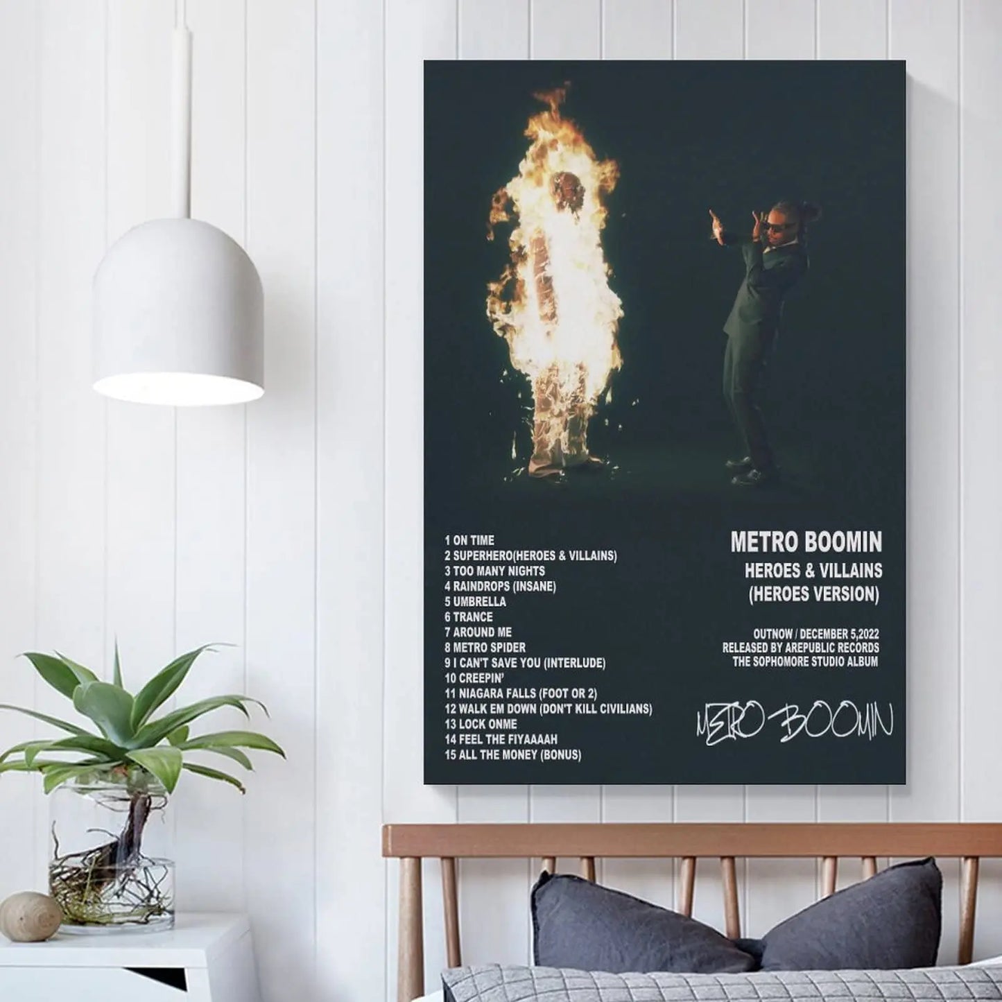 Black metro boomin heroes and villains hip hop poster featuring fiery figure and silhouette tracklist for room decor