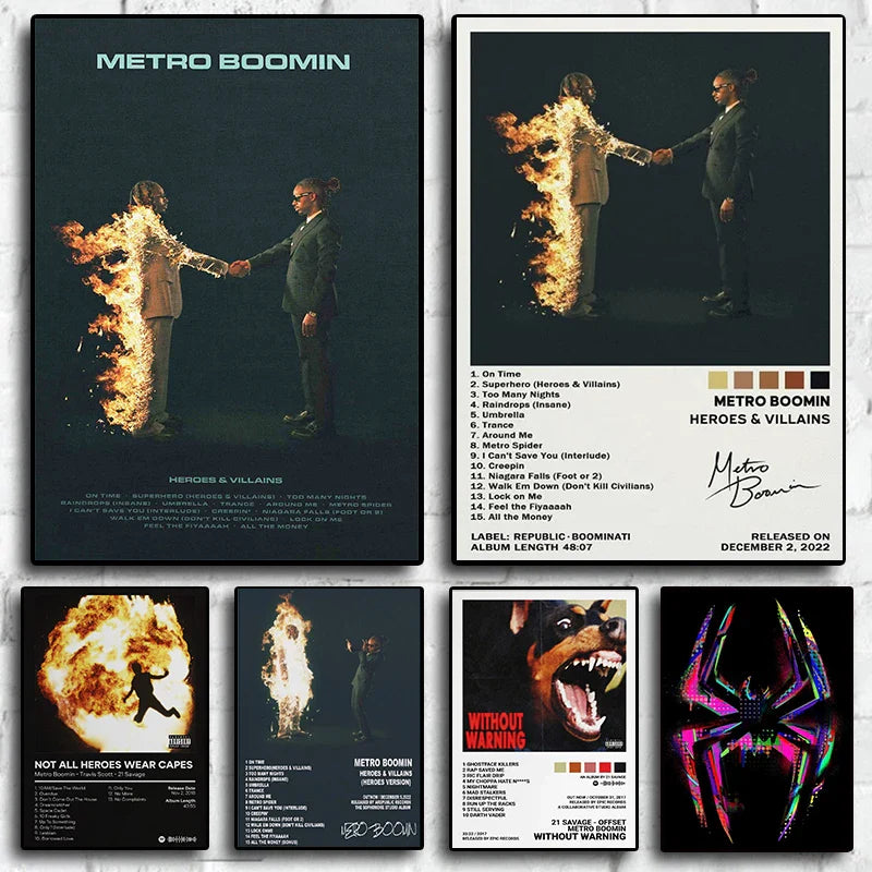 Pop rap singer metro boomin music album heroes and villains hip hop 21 savage poster featuring two suited figures shaking hands one on fire on canvas wall art