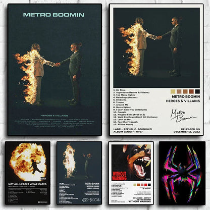 Pop rap singer metro boomin music album heroes and villains hip hop 21 savage poster featuring two suited figures shaking hands one on fire on canvas wall art