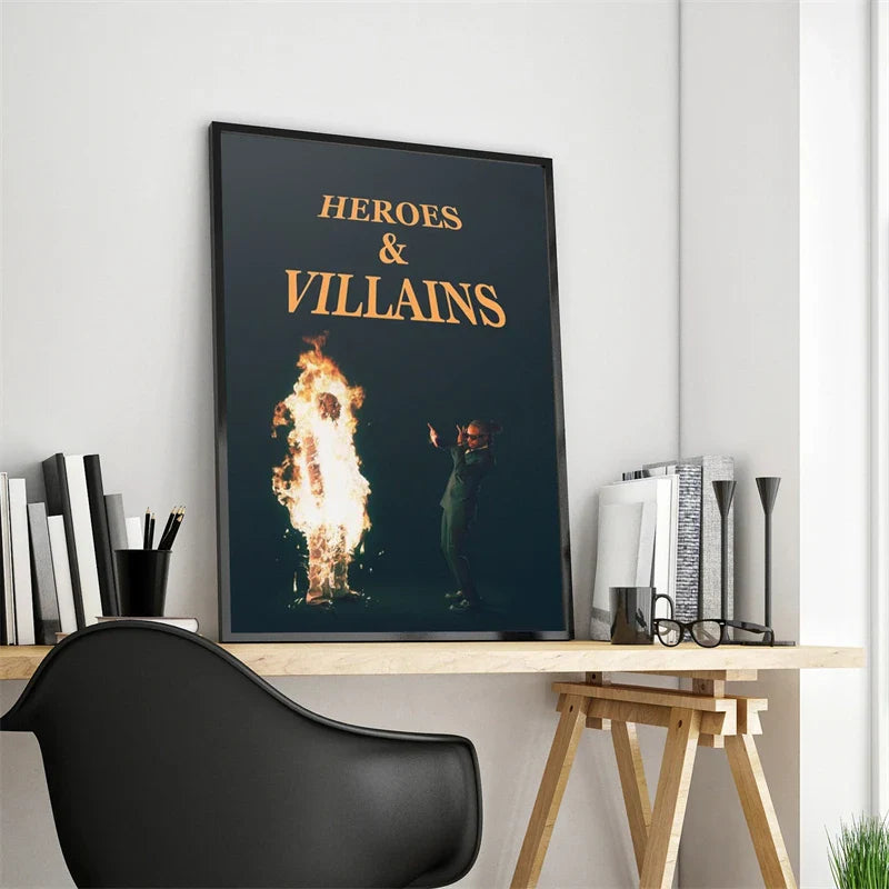 Framed pop rap singer metro boomin music album heroes and villains gold lettering and fiery figure canvas print