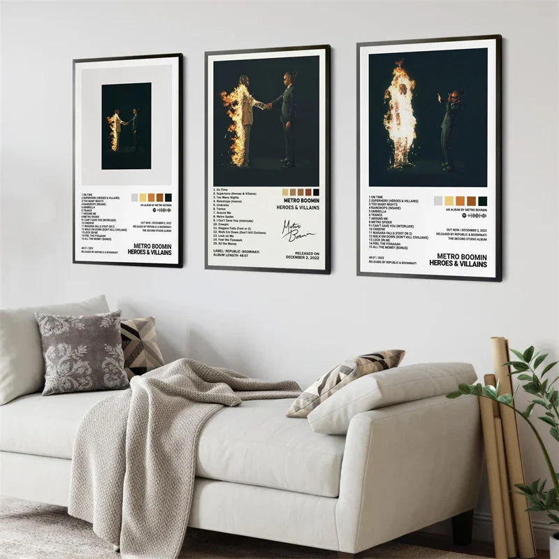 Three framed canvas prints featuring metro boomins heroes and villains album with black and white fiery minimalist design