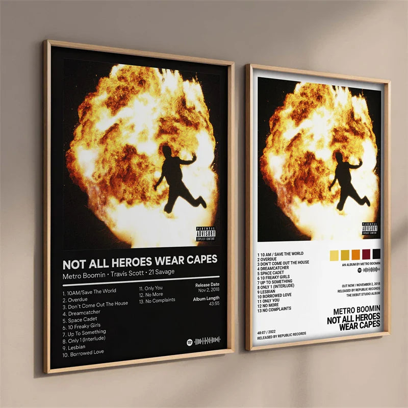 Two framed posters featuring metro boomins not all heroes wear capes album artwork in hip hop room decor print