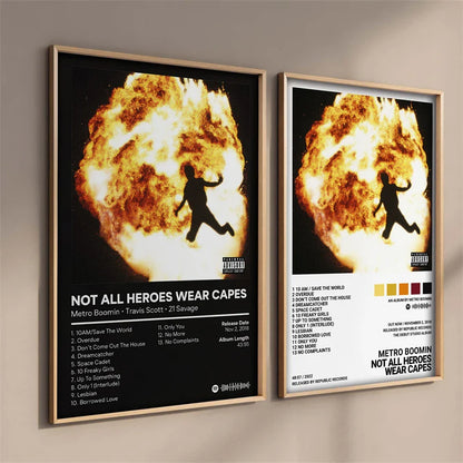 Two framed posters featuring metro boomins not all heroes wear capes album artwork in hip hop room decor print