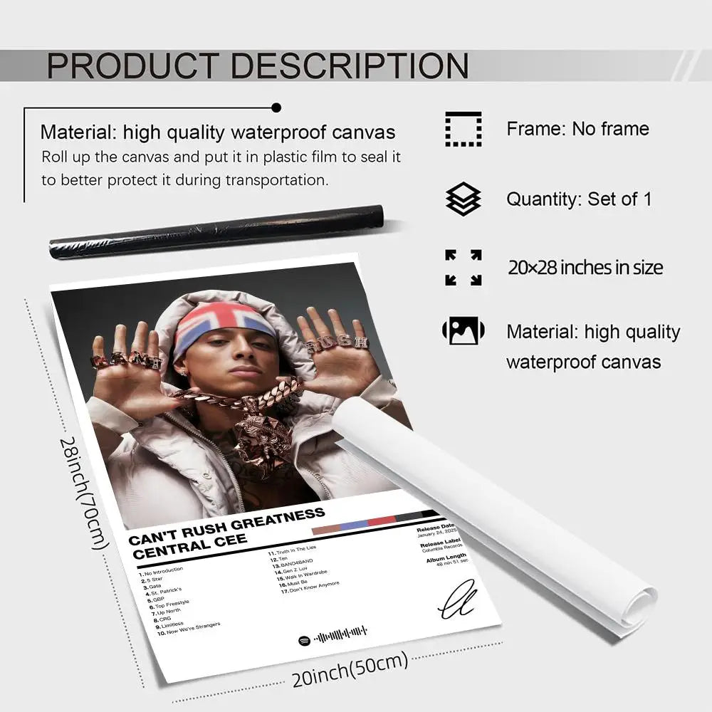 A black and white pop rapper central cee poster with union jack headband on waterproof canvas for home decor lighting effects