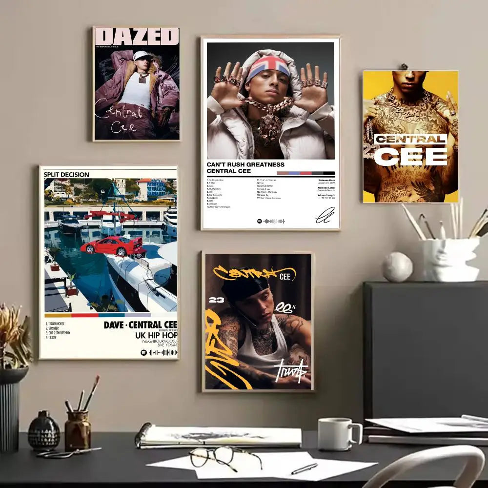 Four framed pop rapper central cee album linen canvas posters with vibrant colors and lighting effects for home decor