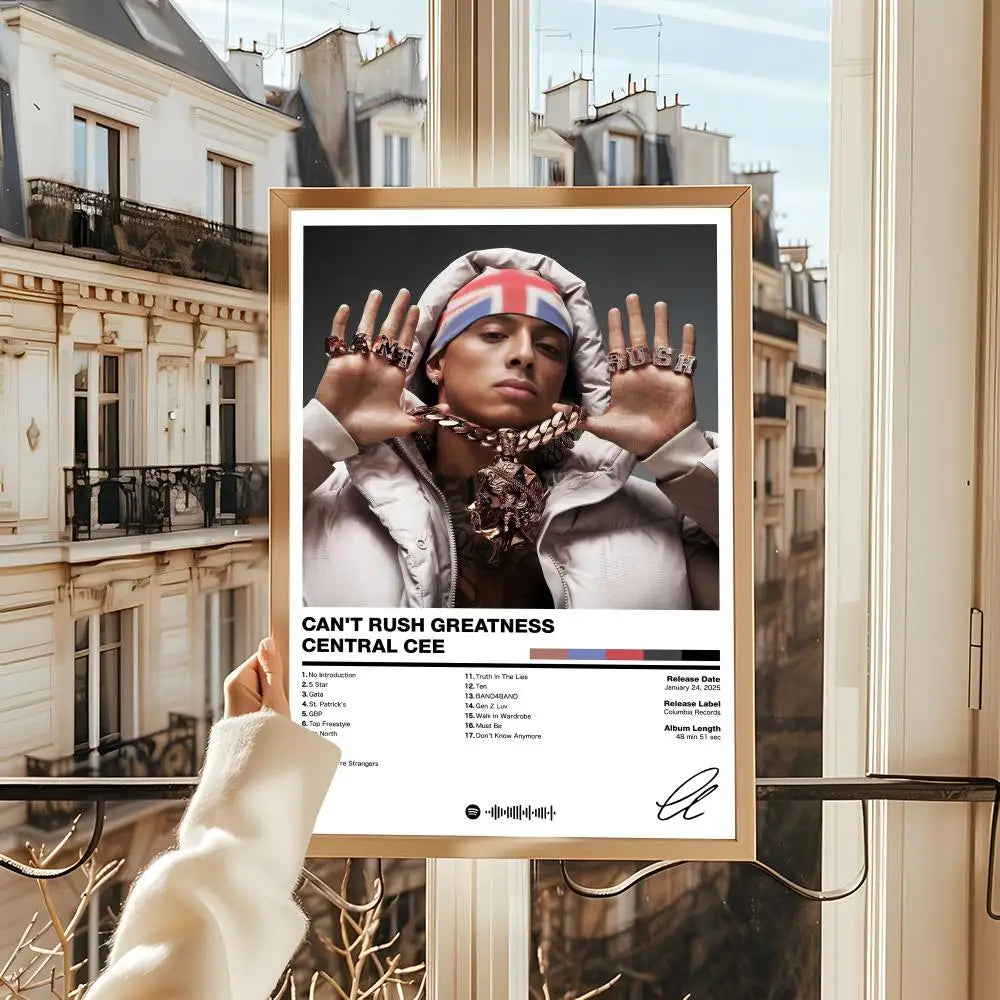 Gold-framed hd linen canvas poster of central cee in white puffer jacket with lighting effects tracklist for office use