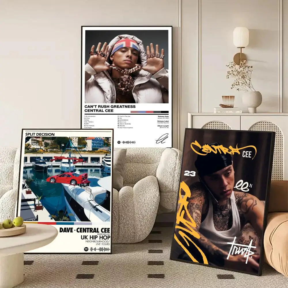 Three framed linen canvas posters of central cee with lighting effects, ideal for living room or office decor during working days