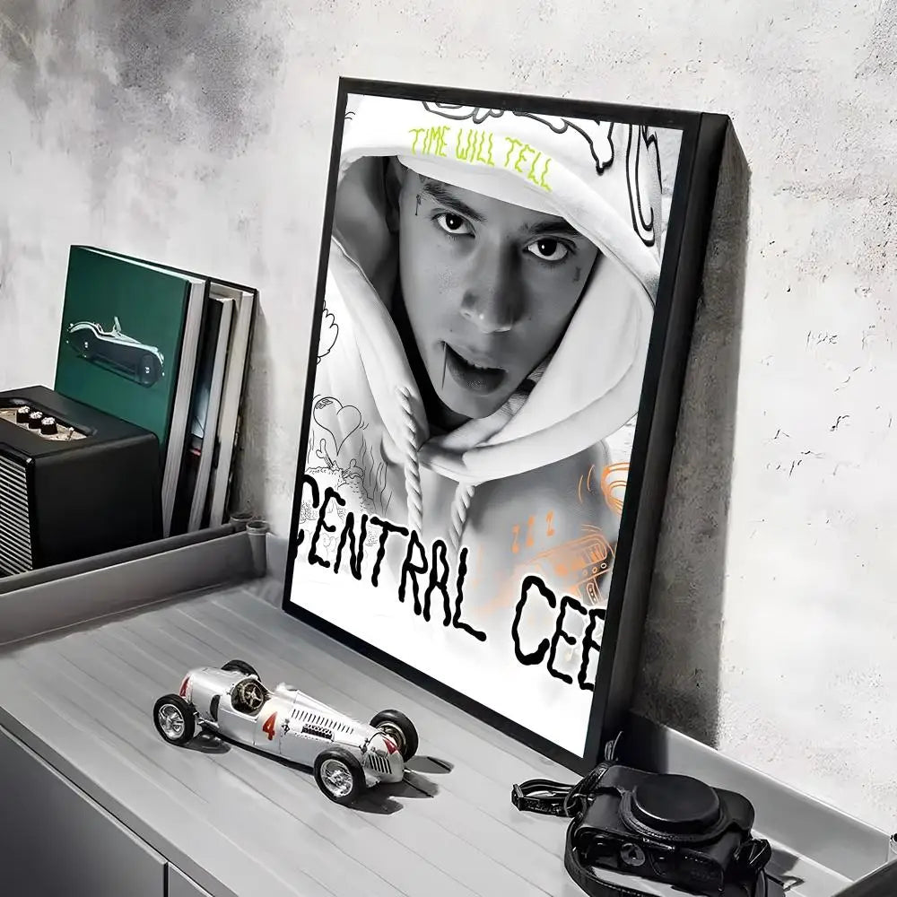 Black-framed pop rapper c_central c_cee album poster with neon green and orange lighting effects on hd linen canvas for home decor