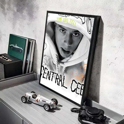 Black-framed pop rapper c_central c_cee album poster with neon green and orange lighting effects on hd linen canvas for home decor
