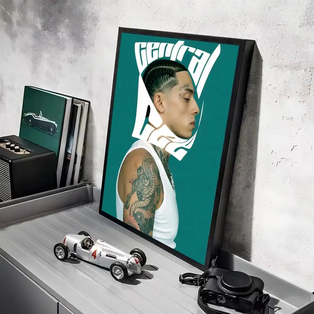 Teal-framed pop rapper c central c cee portrait canvas poster with stylized white lettering and lighting effects for home decor