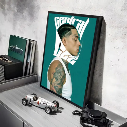 Teal-framed pop rapper c central c cee portrait canvas poster with stylized white lettering and lighting effects for home decor