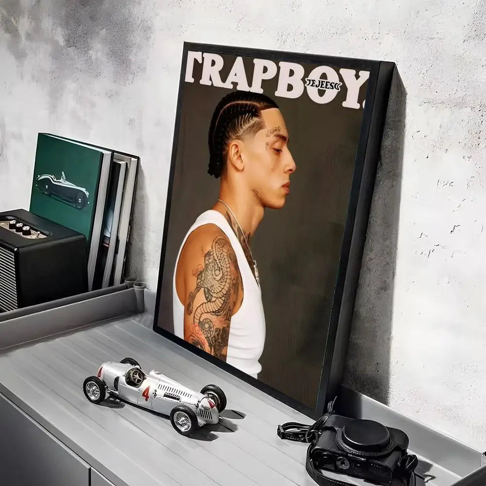 A framed pop rapper c central c cee linen canvas poster with lighting effects showcasing tattoos for home decoration