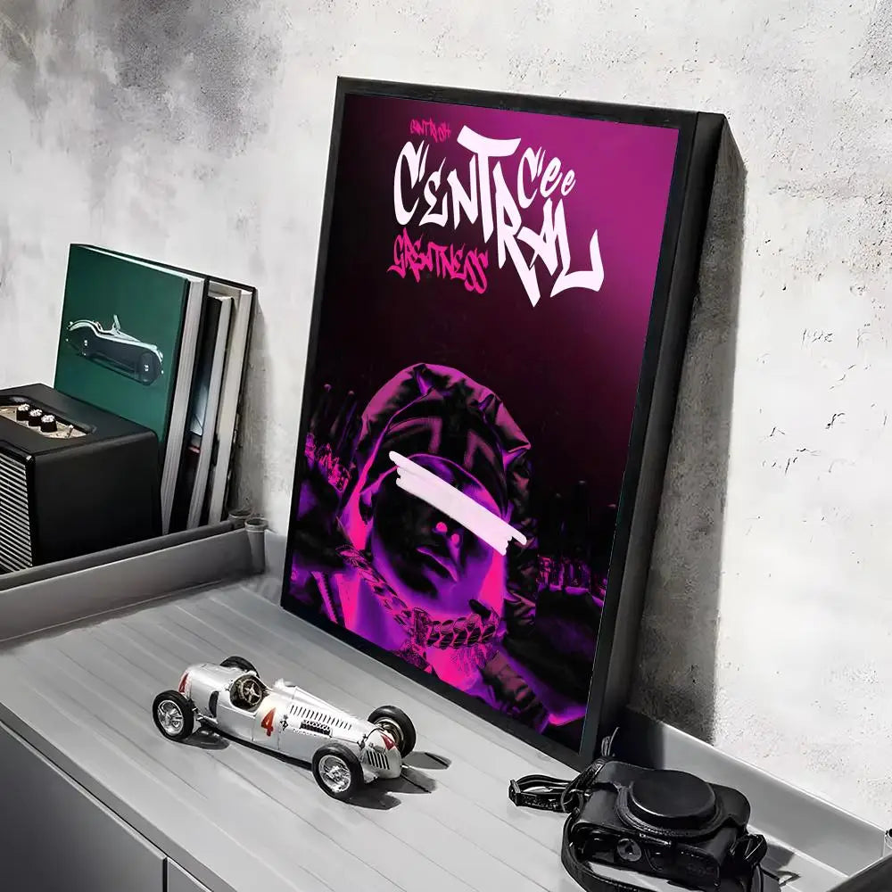 A framed pop rapper C_Central C_Cee HD linen canvas poster with white graffiti lettering and lighting effects on purple background