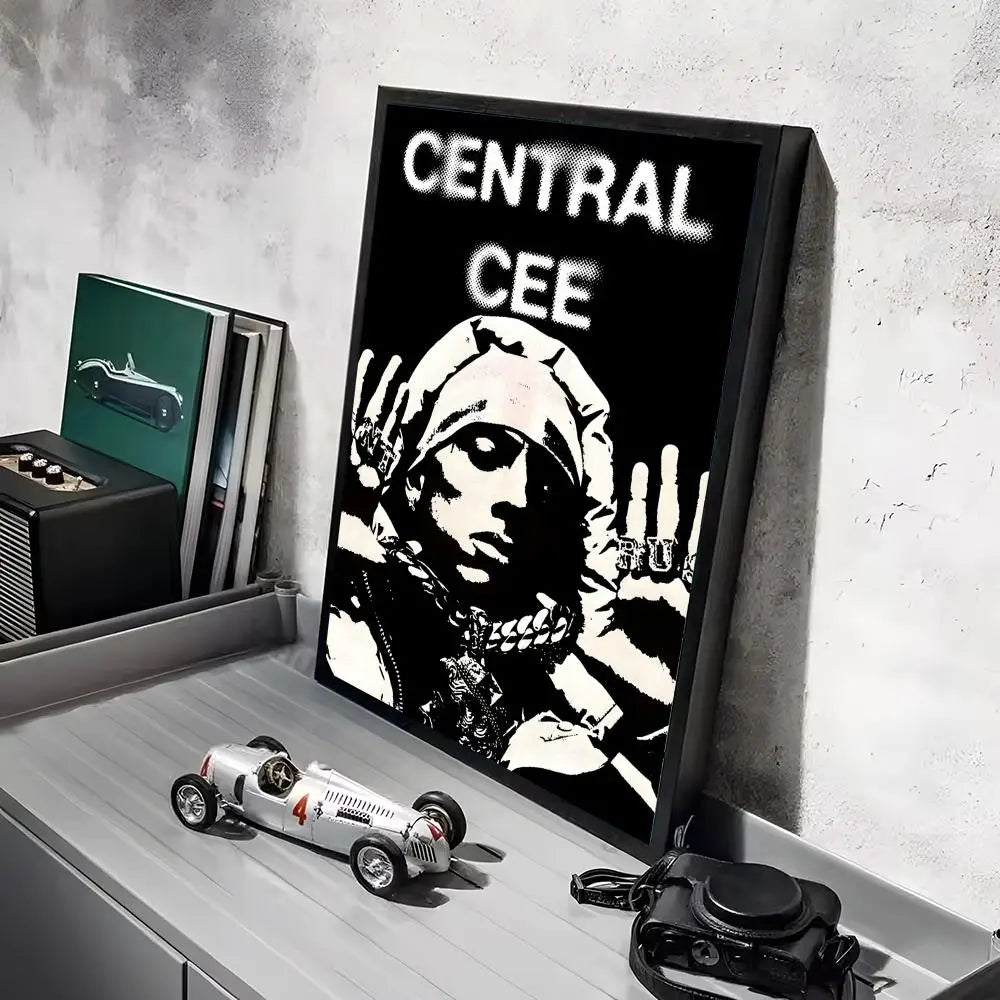 Black-framed linen canvas print featuring high-contrast black and white graphic of rapper central cee with bold text ideal for home decor and lighting effects delivery in working days