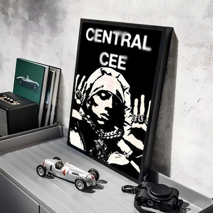 Black-framed linen canvas print featuring high-contrast black and white graphic of rapper central cee with bold text ideal for home decor and lighting effects delivery in working days