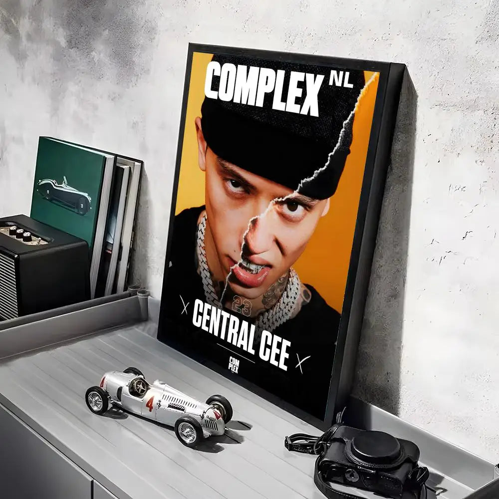 A framed pop rapper c_cee album hd linen canvas poster with split-face design and bold white text featuring lighting effects