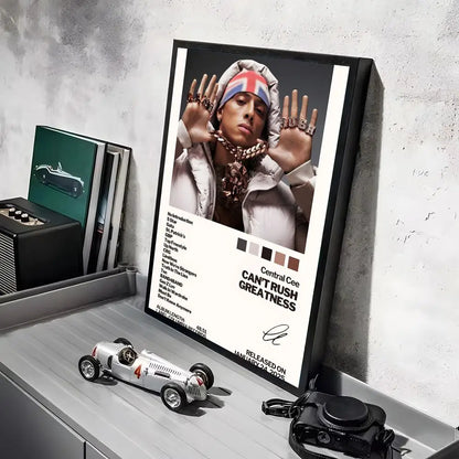 Black-framed pop rapper central cee album poster with lighting effects on hd linen canvas for living room decor gift