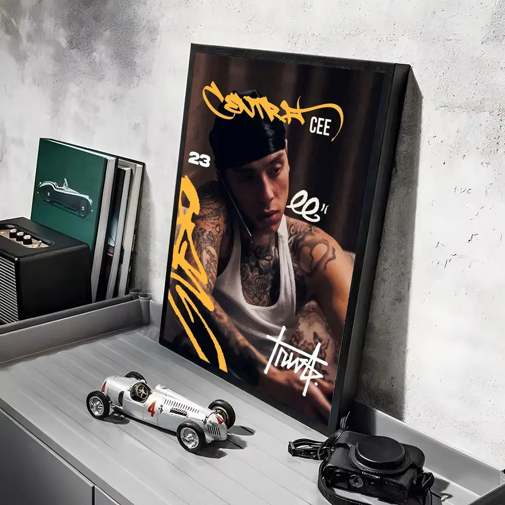 Black-framed pop rapper c_central c_cee album poster with tattooed man and yellow graffiti text on hd linen canvas for home decor