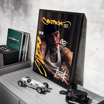Black-framed pop rapper c_central c_cee album poster with tattooed man and yellow graffiti text on hd linen canvas for home decor